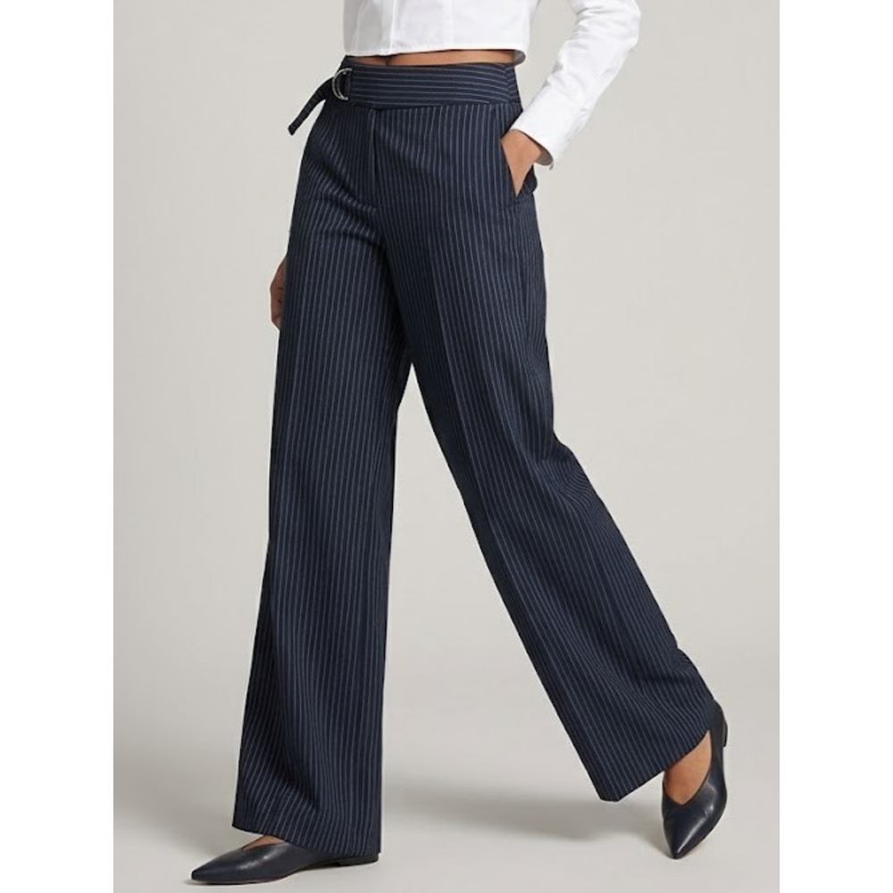 Cider Pinstripe Wide Leg Trousers Size M Navy Blue Belted High Waist Career Soft